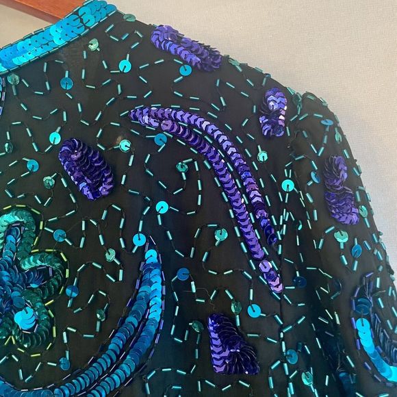 Lawrence Kazar VTG Womens Silk Beaded Sequin Blouse Size Large Black Blue Purple - Picture 7 of 13